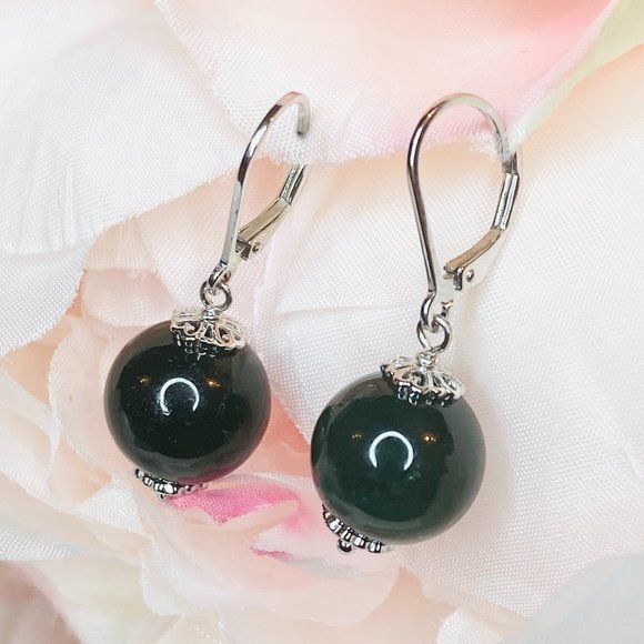 Sterling Silver Dark Green Jade Bead Drop Leverback Earrings - Picture 2 of 5